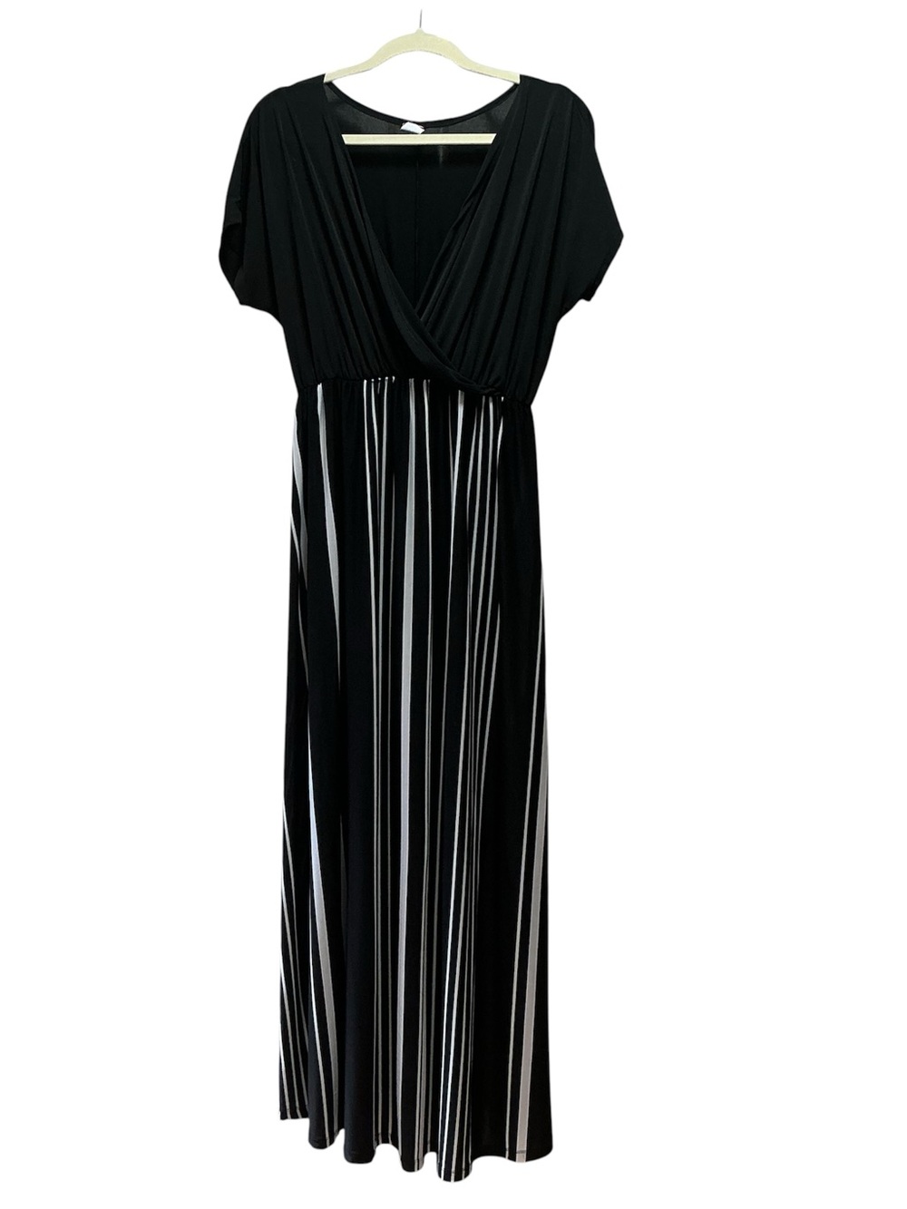 Women’s Flirty Pink Black & White Maxi Empire Style Dress Sz? Solid Top, Stripe